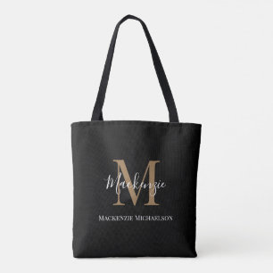 Tote Bag Élégant Noir Or Personnalisé Nom Monogramme