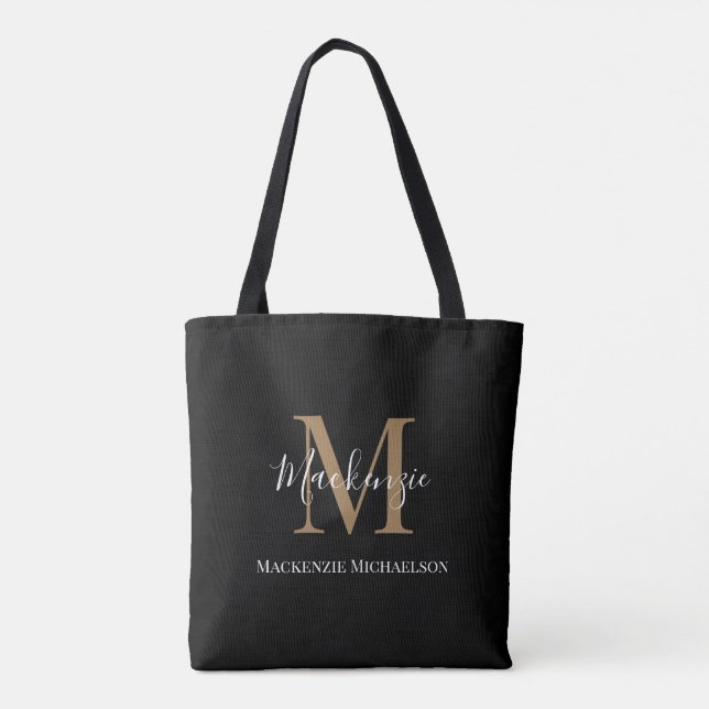 Tote Bag Élégant Noir Or Personnalisé Nom Monogramme (Dos)