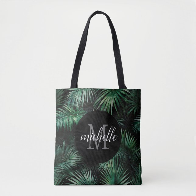 Tote Bag Élégant noir vert Tropical Palm Feuilles Monogramm (Devant)