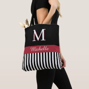 Tote Bag Élégant Nom de monogramme personnalisé Noir Blancs