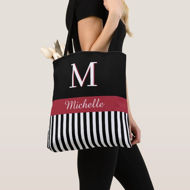 Tote Bag Élégant Nom de monogramme personnalisé Noir Blancs (De près)