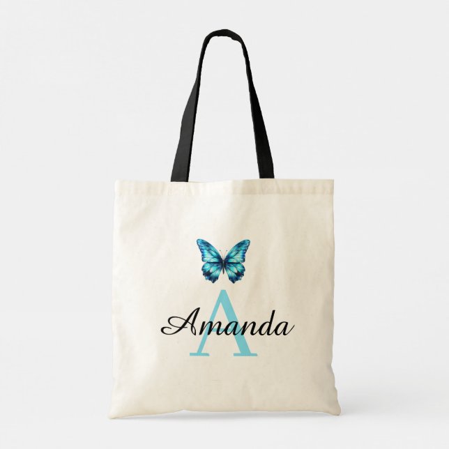 Tote Bag Élégant nom de papillon Turquoise Monogramme (Dos)