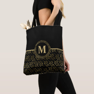 Tote Bag Elégant or #Monogram & Golden Leaf Motif Noir