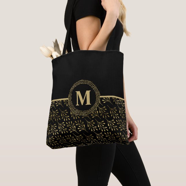 Tote Bag Elégant or #Monogram & Golden Leaf Motif Noir (De près)