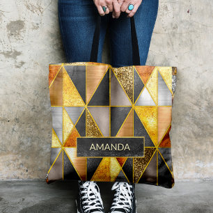 Tote Bag Elégant or noir argent triangles géométriques