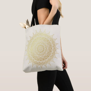 Tote Bag Elégant or sur crème Floral Henna Mandala
