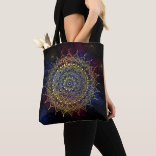 Tote Bag Elégant or sur Nebula foncé Floral Henna Mandala