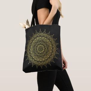 Tote Bag Elégant or sur Soft Black Floral Henna Mandala