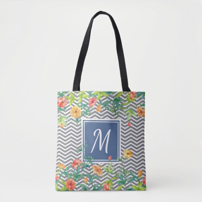 Tote Bag Élégant Orange Floral Chevron Chic Blue Monogram (Devant)