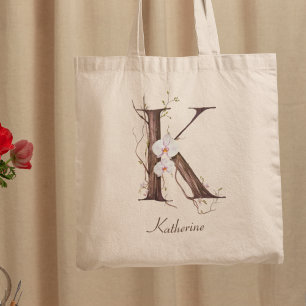 Tote Bag Elégant orchidée florale 'K' Nom personnalisé Mono
