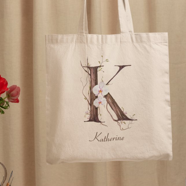 Tote Bag Elégant orchidée florale 'K' Nom personnalisé Mono (Créateur téléchargé)