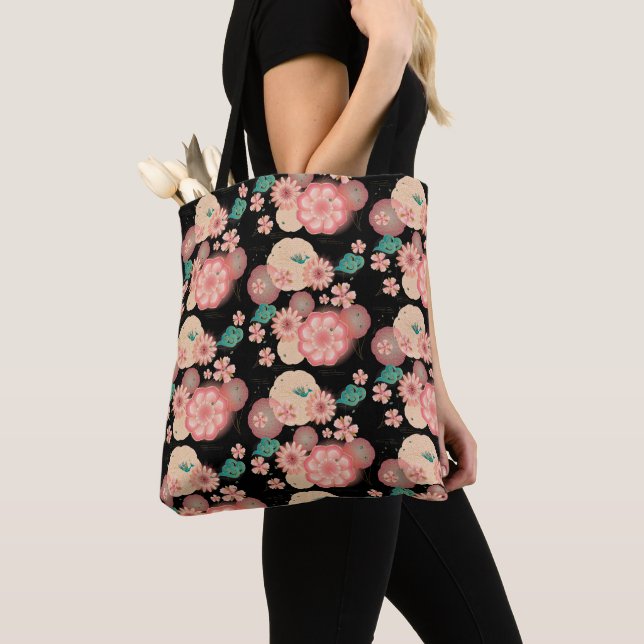 Tote Bag Élégant ornement floral, jardin de pêche de printe (De près)