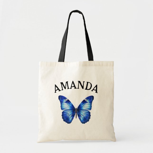 Tote Bag Élégant Papillon Bleu Nom Courbé Fille (Devant)