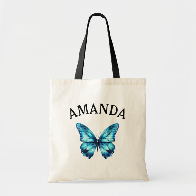 Tote Bag Élégant Papillon Turquoise Nom courbe Fille (Devant)