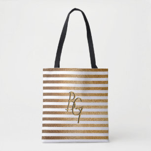 Tote Bag Élégant Parties scintillant d'or blanc bande Monog