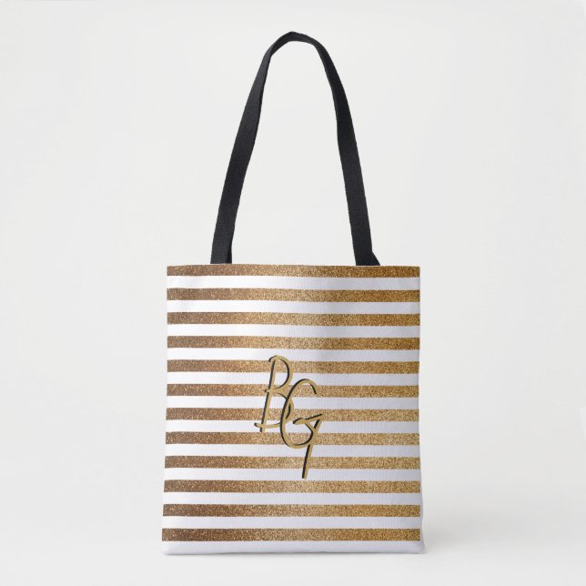 Tote Bag Élégant Parties scintillant d'or blanc bande Monog (Devant)