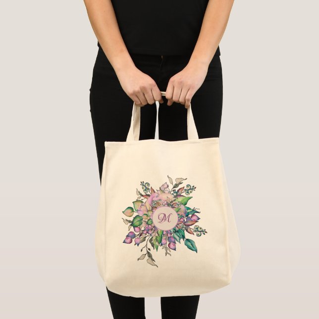 Tote Bag Élégant pastel floral Aquarelle Monogramme (Devant (produit))