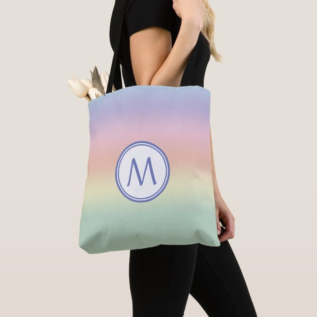 Tote Bag Elégant Pastel Monogrammé Couleurs d'eau arc-en-ci (De près)