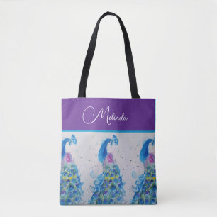Tote Bag Elégant Peacock Aquarelle Peinture Bleue