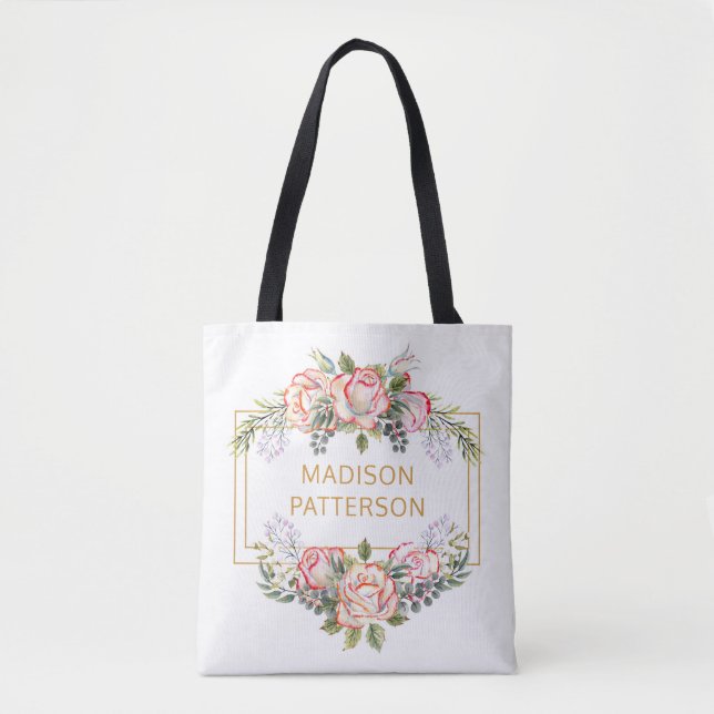 Tote Bag Élégant Personnalisé Aquarelle Floral Féminin Chic (Devant)
