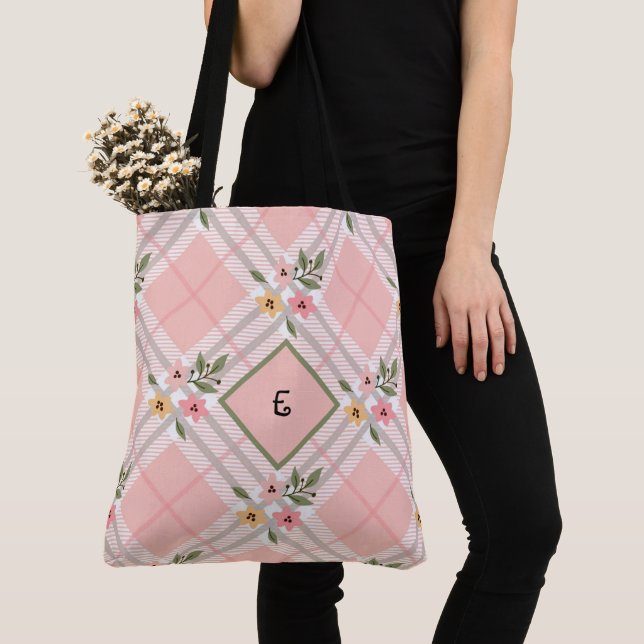 Tote Bag Élégant Pétales Plaid Monogramme (De près)