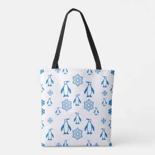 Tote Bag Élégant Pingouins Bleus avec Motif de flocons de n