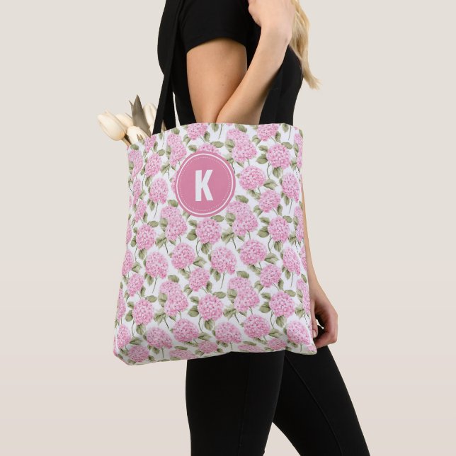 Tote Bag Elegant Pink Hydragea Flowers Pattern Monogram (De près)