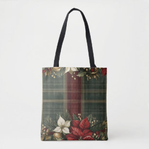 Tote Bag Élégant Plaid Vert & Poinsettia Rouge Noël