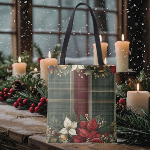 Tote Bag Élégant Plaid Vert & Poinsettia Rouge Noël