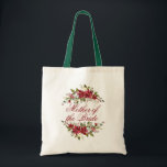 Tote Bag Élégant Poinsettia Mariage floral personnalisé<br><div class="desc">Elégante Poinsettia Floral Mother of the Bride Sac fourre-tout dans les tons rouges et verts hivernaux avec espace pour votre nom personnalisé ou autre texte. Facile à customiser avec du texte, des polices et des couleurs. Créé par le designer pro Zazzle BK Thompson © exclusivement pour Cedar et String; veuillez...</div>