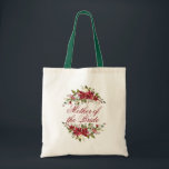 Tote Bag Élégant Poinsettia Mariage floral personnalisé<br><div class="desc">Elégante Poinsettia Floral Mother of the Bride Sac fourre-tout dans les tons rouges et verts hivernaux avec espace pour votre nom personnalisé ou autre texte. Facile à customiser avec du texte, des polices et des couleurs. Créé par le designer pro Zazzle BK Thompson © exclusivement pour Cedar et String; veuillez...</div>