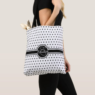 Tote Bag Élégant Pois noir sur un monogramme blanc