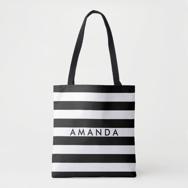 Tote Bag Elégant rayures noir et blanc ajouter votre nom (Devant)