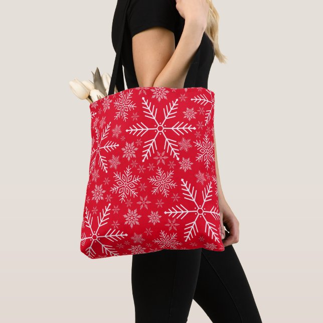 Tote Bag Elégant Red Aqua White Winter Snowflake (De près)