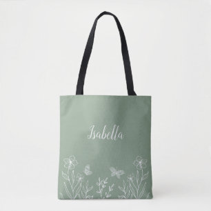 Tote Bag Élégant romantique floral vert sauge 