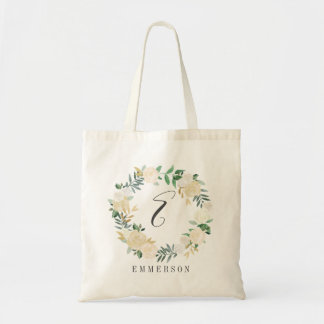 Tote Bag Élégant Rose à la crème Floral Wreath Monogramme