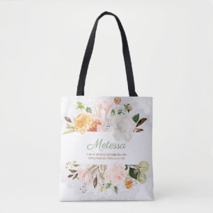 Tote Bag Élégant rose blanc floral dentelle Phil. 4:13