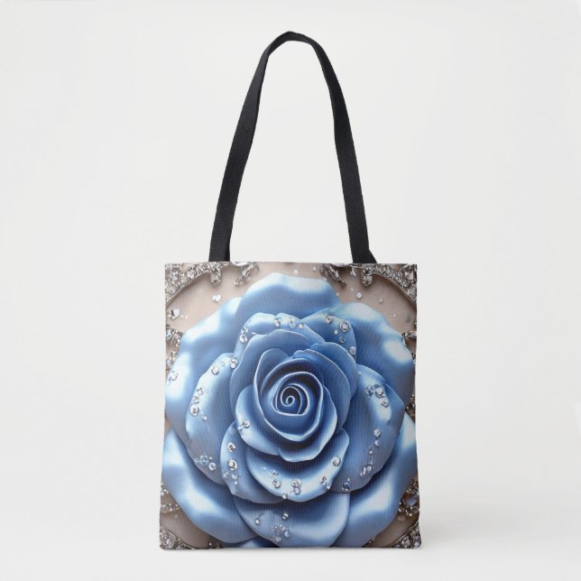 Tote Bag Élégant Rose bleu avec diamants brillants (Devant)
