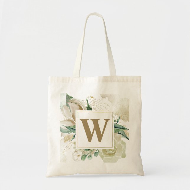 Tote Bag Élégant Rose Champagne Floral Monogram Mariage (Devant)