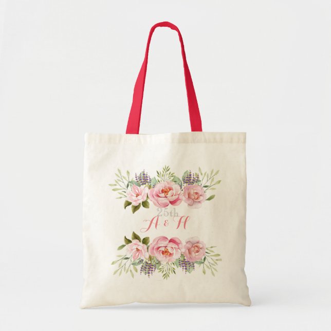 Tote Bag Élégant rose fleuri couronne Monogramme Mariage ca (Devant)