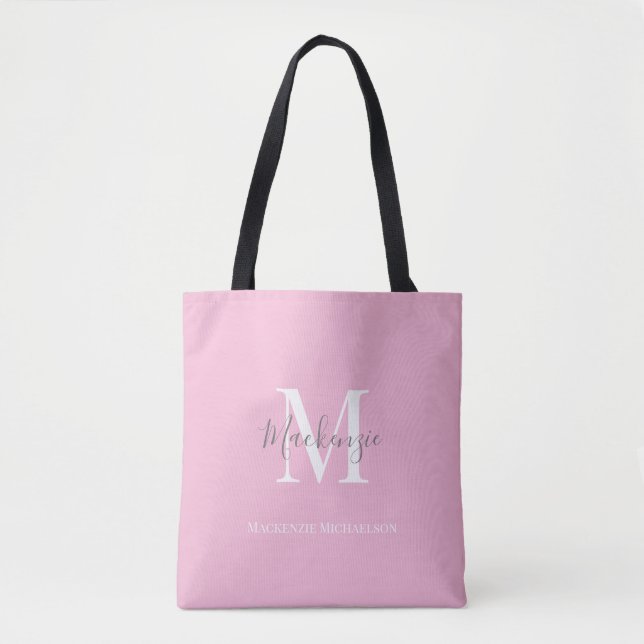 Tote Bag Élégant rose gris Nom du monogramme personnalisé (Devant)