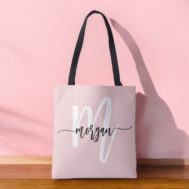 Tote Bag Élégant rose moderne Script Girly Monogramme Nom (Créateur téléchargé)