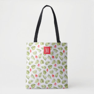 Tote Bag Élégant rose Monogramme vert Feuille de palme