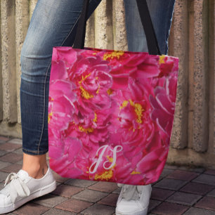 Tote Bag Élégant rose Peony Stylish Calligraphie Monogramme