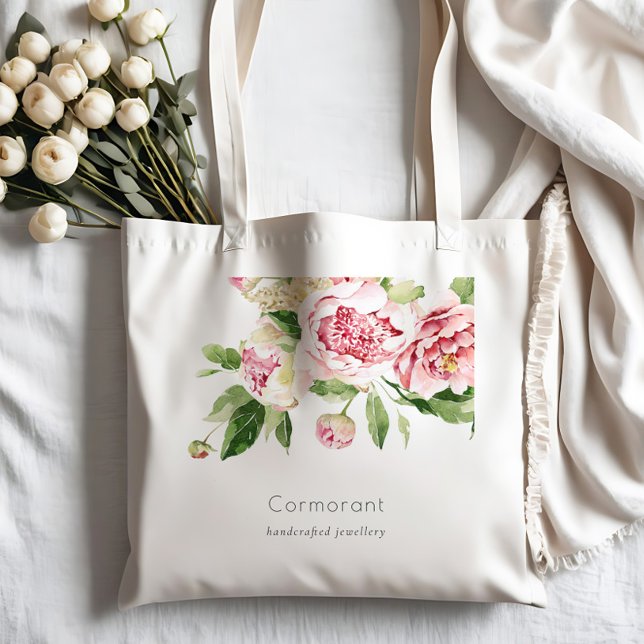 Tote Bag Elégant rose rose vert Aquarelle Peony Floral (Créateur téléchargé)