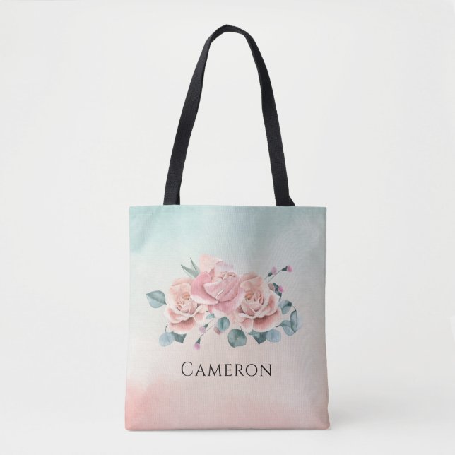 Tote Bag Elégant rose Roses Eucalypts Aquarelle Floral (Devant)