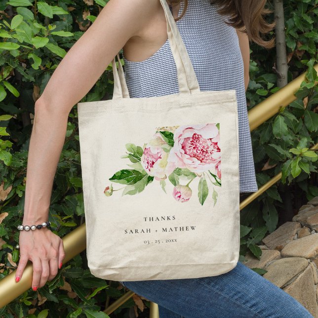 Tote Bag Elégant rose vert pivoine Floral Merci Mariage (Créateur téléchargé)