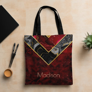 Tote Bag Elégant rouge noir corbeille d'or géométrique