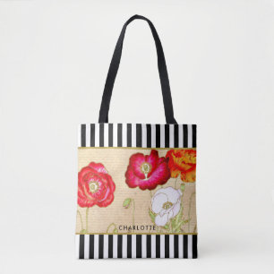 Tote Bag Élégant Rouge Poppy Floral Grandes Noires Avec Nom