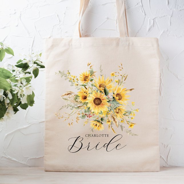 Tote Bag Elégant rustique aquarelle tournesol floral mariée (In situ)